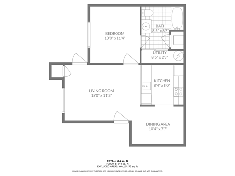 Floor plan for 1 bed, 1 bath, 618 sqft